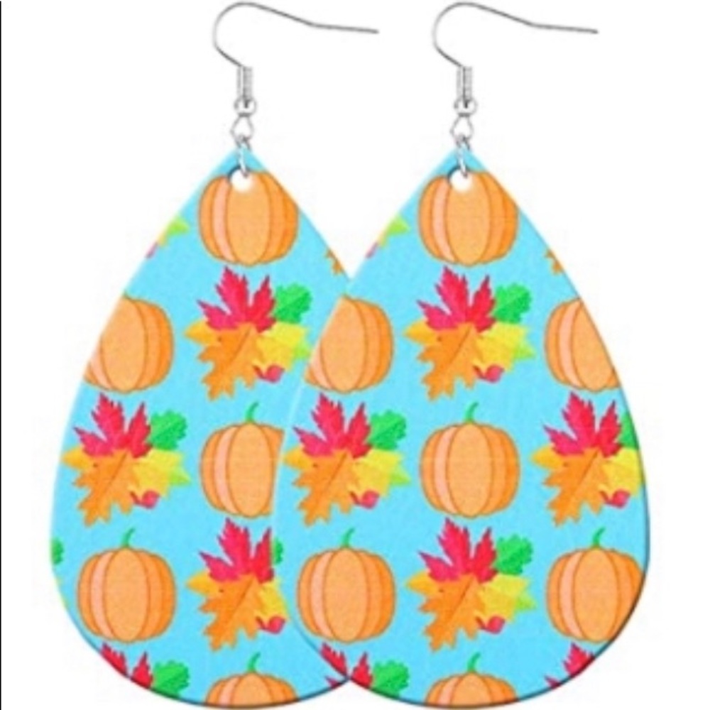 Fall/Autumn blue & orange pumpkin & leaves faux leather earrings